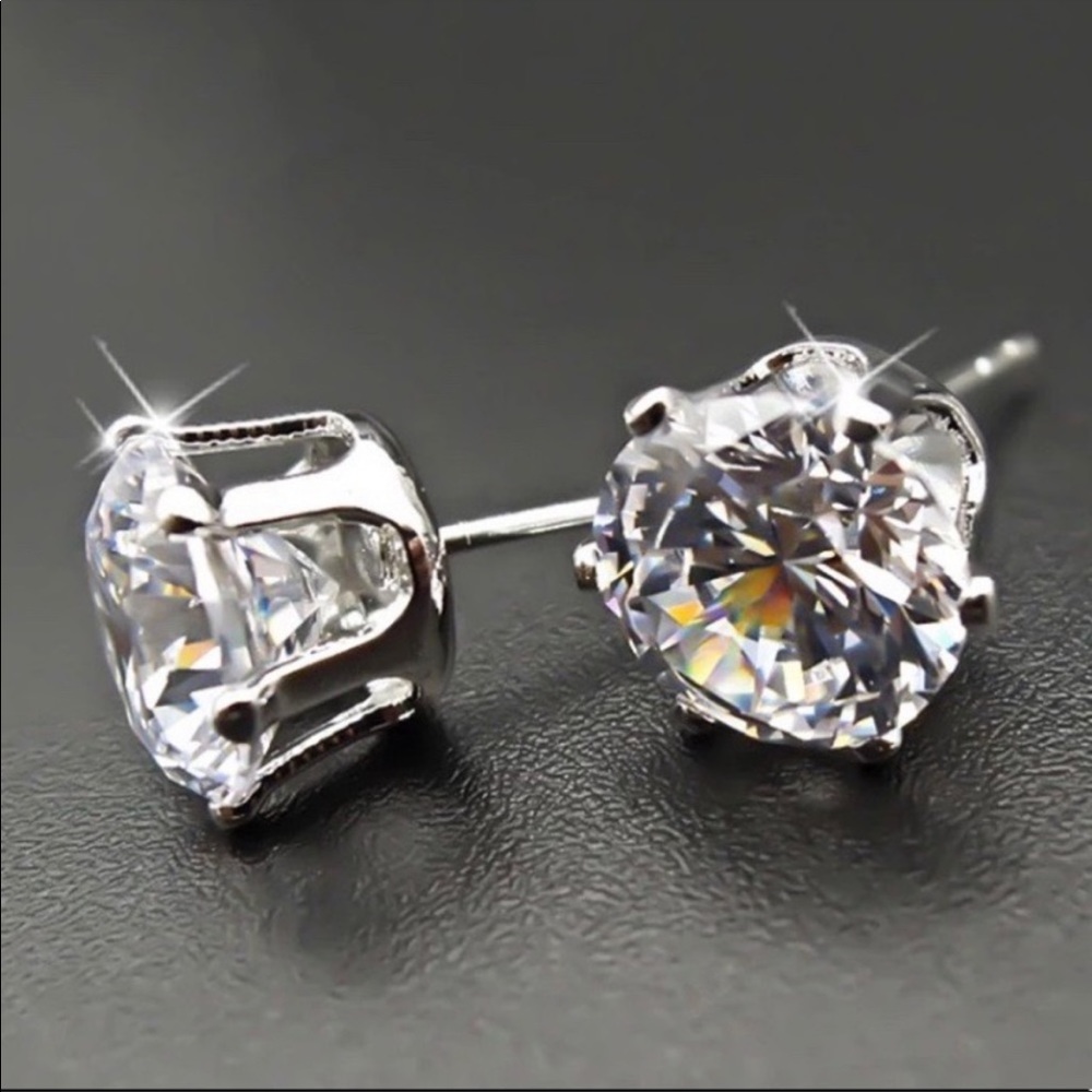 NEW 925 SILVER 7.5MM 2 CARAT DIAMOND EARRINGS - Picture 2 of 5